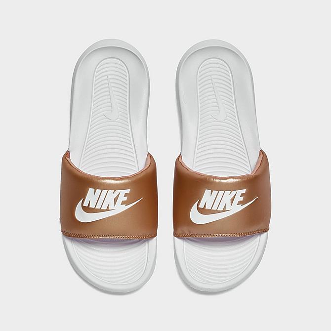 Back view of Women's Nike Victori One Slide Sandals in Metallic Red Bronze/White/White Click to zoom