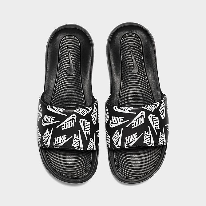 Back view of Men's Nike Victori One Print Slide Sandals in Black/White/Black Click to zoom