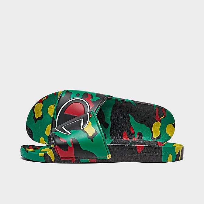 Right view of Men's Champion IPO Camo Slide Sandals in Black/Green/Scarlet Click to zoom