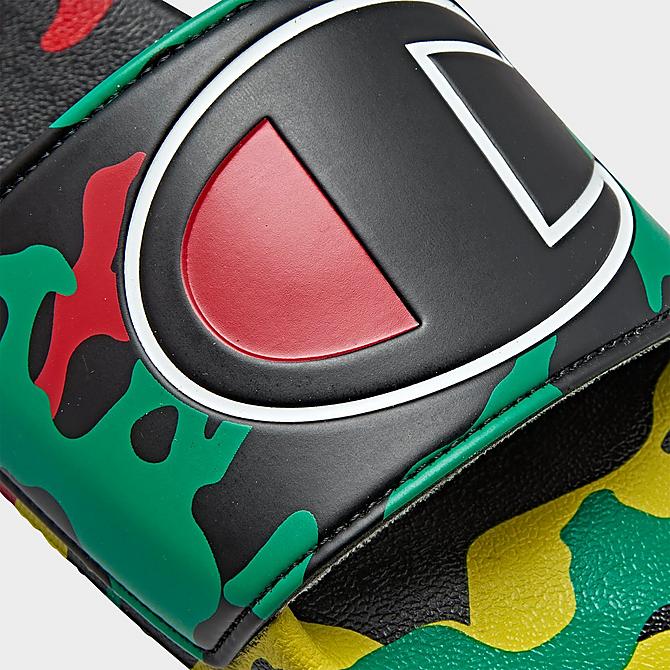Front view of Men's Champion IPO Camo Slide Sandals in Black/Green/Scarlet Click to zoom