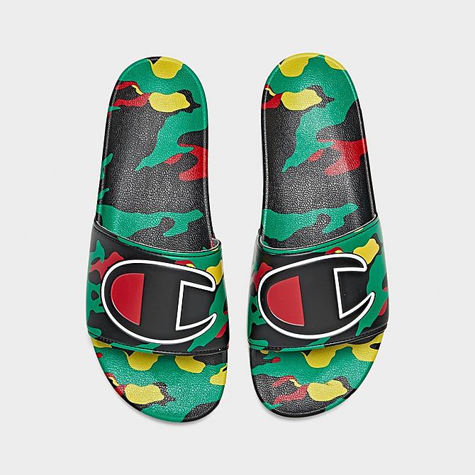 Back view of Men's Champion IPO Camo Slide Sandals in Black/Green/Scarlet Click to zoom