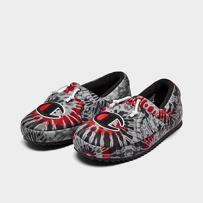 Three Quarter view of Men's Champion University Tie-Dye Slippers in Black/Red Click to zoom