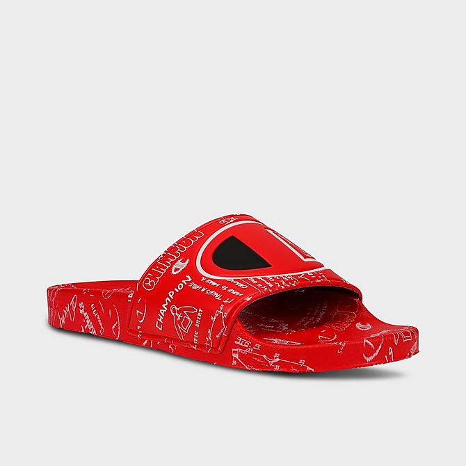Three Quarter view of Men's Champion IPO Doodle Slide Sandals in Scarlet/White Click to zoom