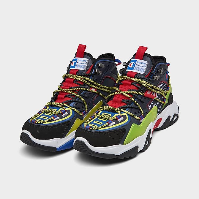 Three Quarter view of Men's Champion Bromad Twisted Casual Shoes in Black/White/Electric Green/Red Click to zoom