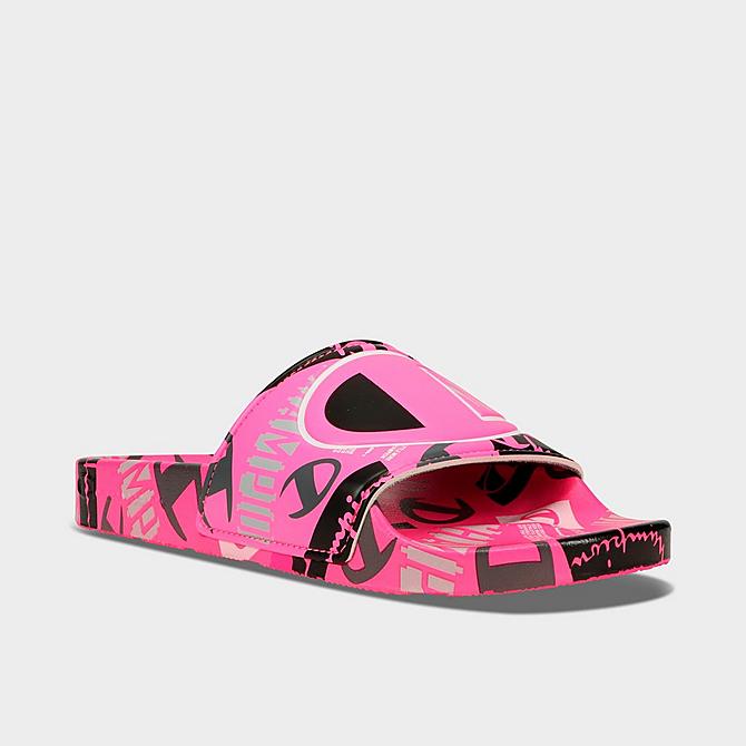 Three Quarter view of Girls' Big Kids' Champion IPO C Logo Slide Sandals in Pink/Multi Click to zoom
