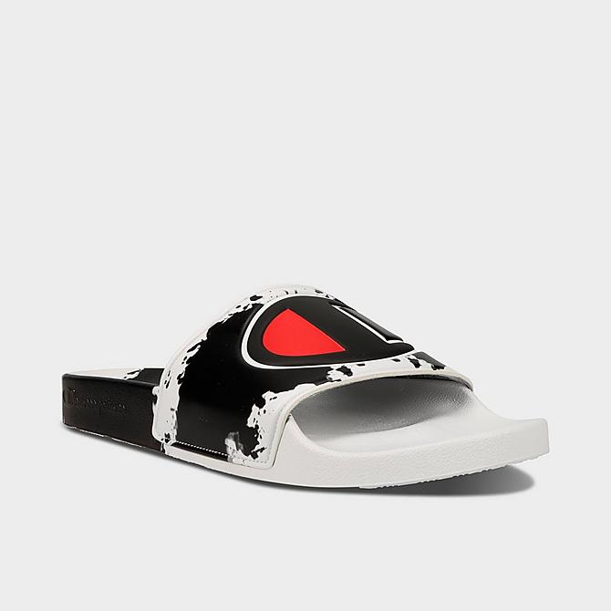Three Quarter view of Big Kids' Champion IPO Surf And Turf Slide Sandals in Black/White Click to zoom