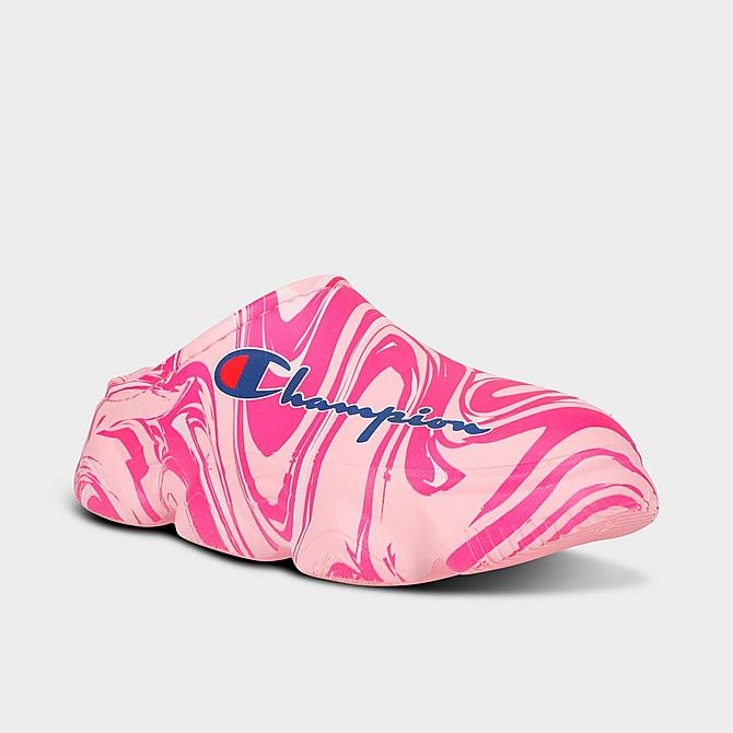Three Quarter view of Women's Champion Super Meloso Swirl Clog Shoes in Pink Click to zoom