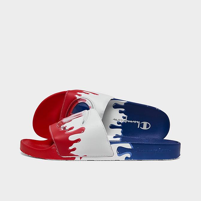 Right view of Champion IPO Drip Slide Sandals in Blue/White/Scarlet Click to zoom