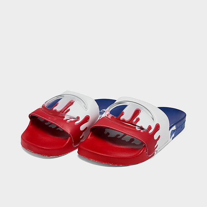 Three Quarter view of Champion IPO Drip Slide Sandals in Blue/White/Scarlet Click to zoom