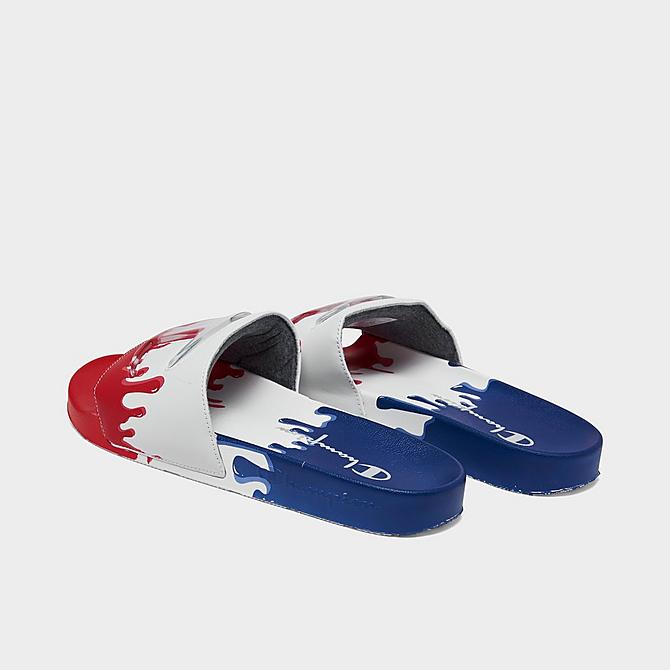 Left view of Champion IPO Drip Slide Sandals in Blue/White/Scarlet Click to zoom