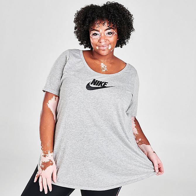 Back Left view of Women's Nike Sportswear Essential Tunic (Plus Size) in Dark Grey Heather Click to zoom