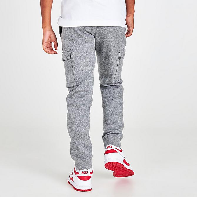 Back Right view of Boys' Nike Sportswear Club Cargo Jogger Pants in Carbon Heather/White Click to zoom