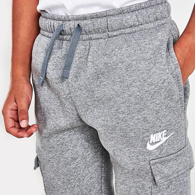 On Model 5 view of Boys' Nike Sportswear Club Cargo Jogger Pants in Carbon Heather/White Click to zoom