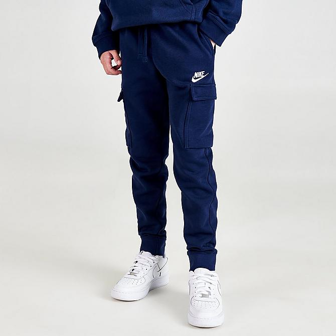 Front Three Quarter view of Boys' Nike Sportswear Club Cargo Jogger Pants in Midnight Navy Click to zoom
