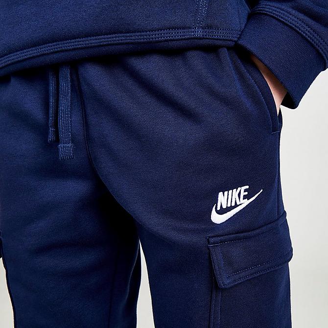 On Model 5 view of Boys' Nike Sportswear Club Cargo Jogger Pants in Midnight Navy Click to zoom