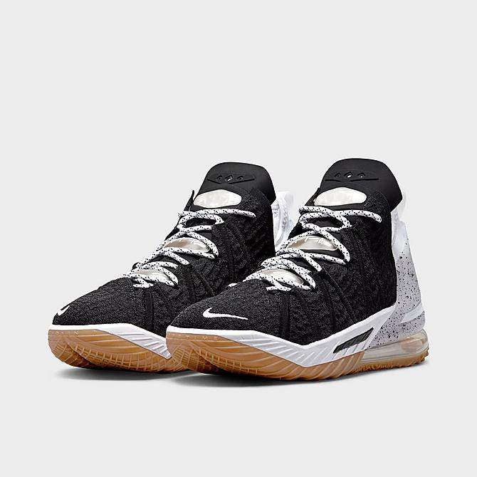 Three Quarter view of Nike LeBron 18 Basketball Shoes in Black/White/Gum Med Brown Click to zoom