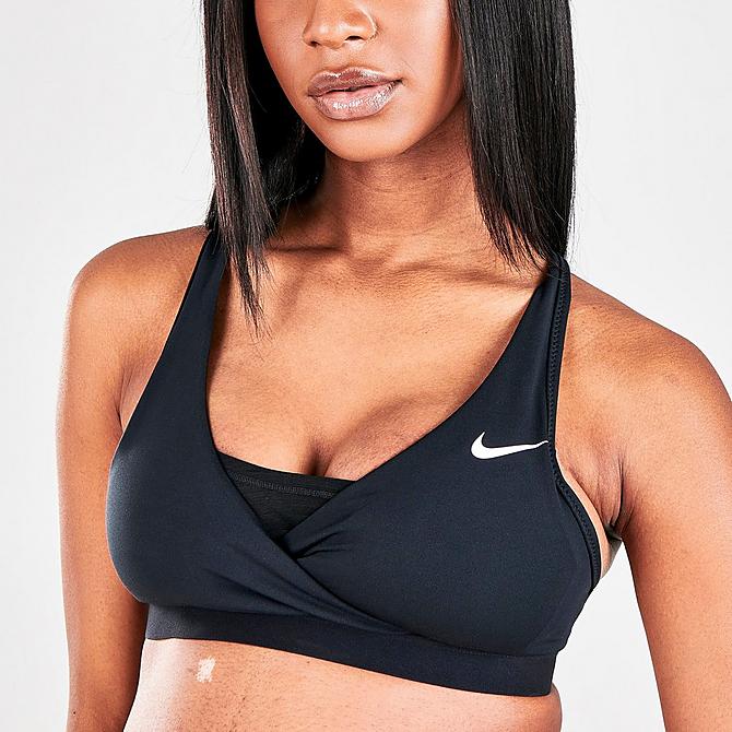 On Model 5 view of Women's Nike Swoosh Nursing Medium-Support Sports Bra (Maternity) in Black/Black/White Click to zoom
