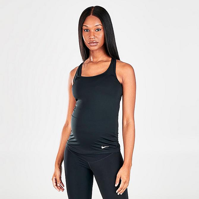 Back Left view of Women's Nike Dri-FIT Tank (Maternity) in Black/Black/White Click to zoom