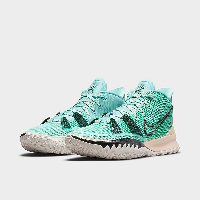 Three Quarter view of Nike Kyrie 7 Basketball Shoes in Copa/Dark Smoke Grey/Rattan/Roma Green Click to zoom
