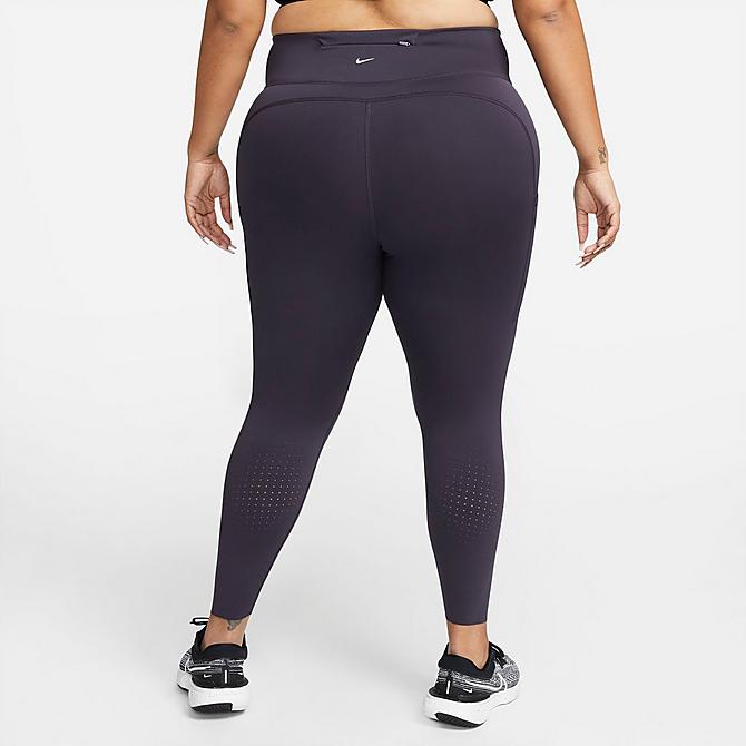 Front Three Quarter view of Women's Nike Epic Lux Running Tights (Plus Size) in Cave Purple/Reflective Silver Click to zoom