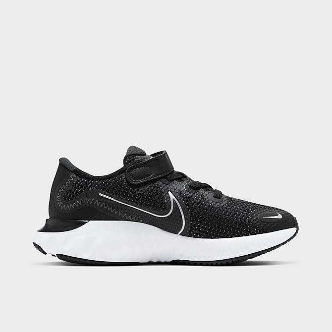 Front view of Boys' Little Kids' Nike Renew Run SE Running Shoes in Black/White/Dark Smoke Grey/Metallic Silver Click to zoom