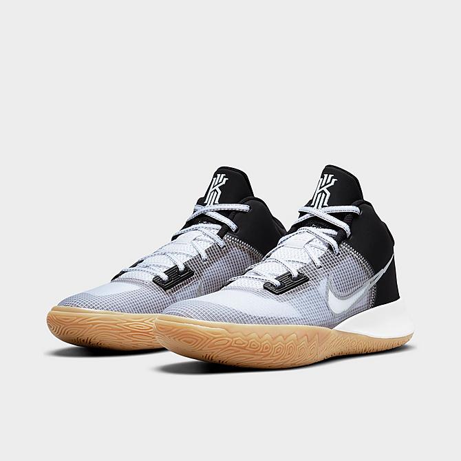 Three Quarter view of Nike Kyrie Flytrap 4 Basketball Shoes in Black/Metallic Cool Grey/White/Gum Lt Brown Click to zoom
