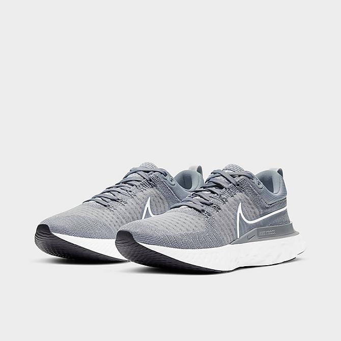 Three Quarter view of Men's Nike React Infinity Run Flyknit 2 Running Shoes in Particle Grey/White/Grey Fog/Black Click to zoom