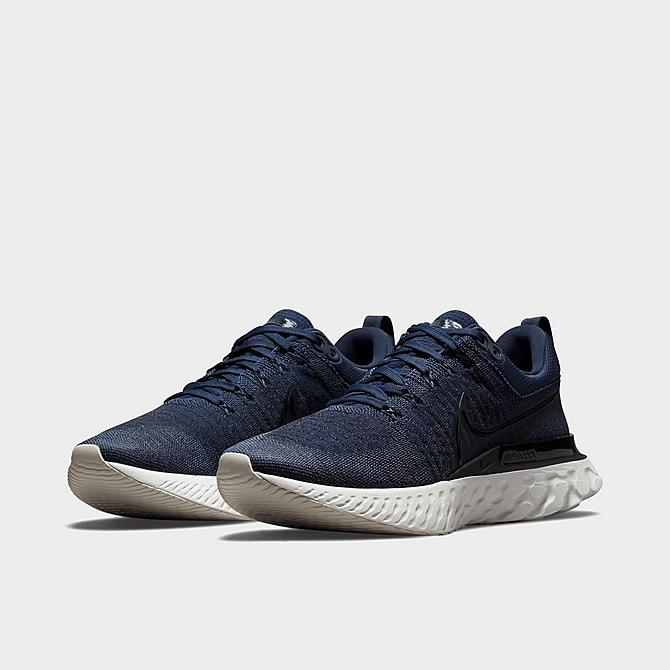 Three Quarter view of Men's Nike React Infinity Run Flyknit 2 Running Shoes in Thunder Blue/Black/College Navy/Platinum Tint Click to zoom