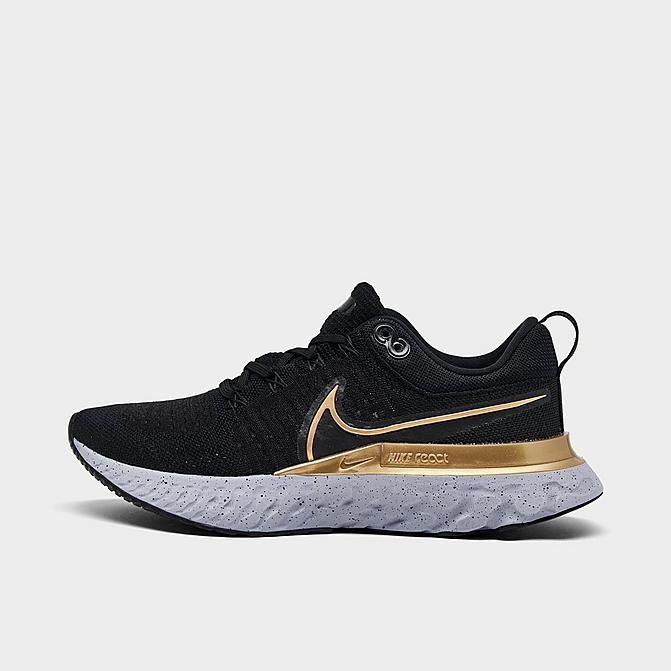 Right view of Women's Nike React Infinity Run Flyknit 2 Running Shoes in Black/Metallic Gold/Ghost/Dark Smoke Grey Click to zoom
