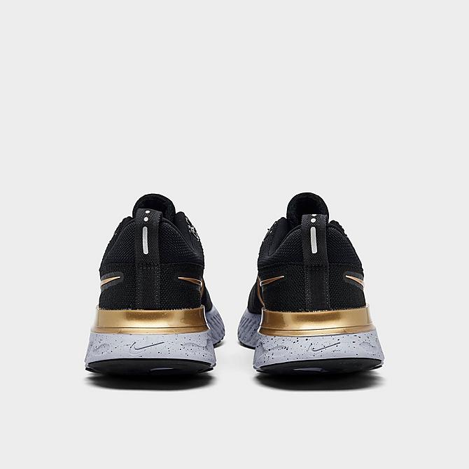 Left view of Women's Nike React Infinity Run Flyknit 2 Running Shoes in Black/Metallic Gold/Ghost/Dark Smoke Grey Click to zoom