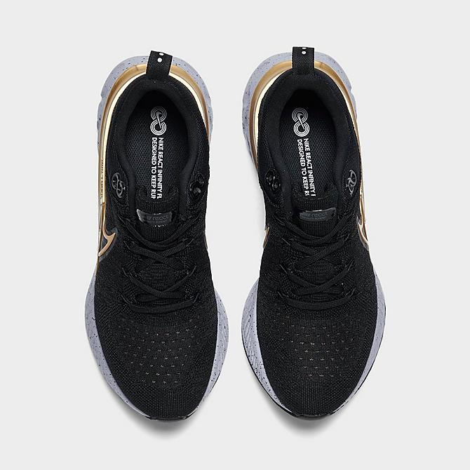 Back view of Women's Nike React Infinity Run Flyknit 2 Running Shoes in Black/Metallic Gold/Ghost/Dark Smoke Grey Click to zoom