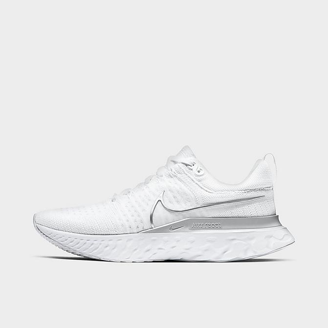 Right view of Women's Nike React Infinity Run Flyknit 2 Running Shoes in White/Mtlc Silver/Pure Platinum Click to zoom