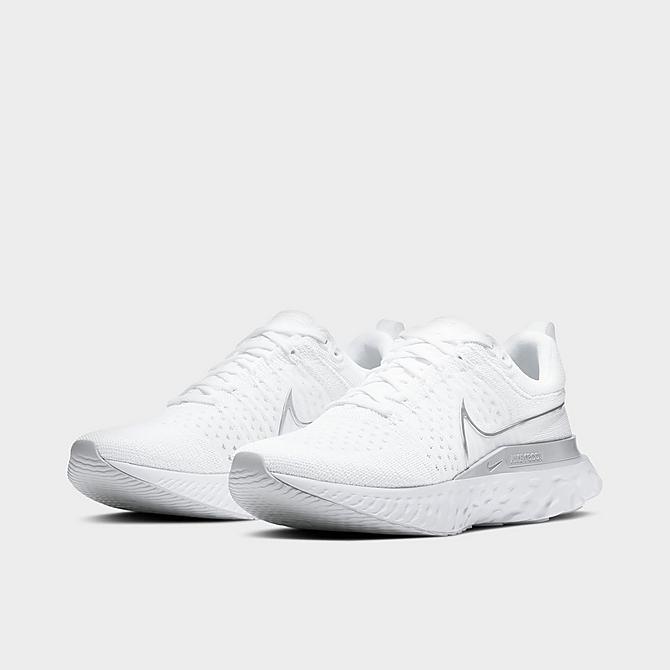 Three Quarter view of Women's Nike React Infinity Run Flyknit 2 Running Shoes in White/Mtlc Silver/Pure Platinum Click to zoom