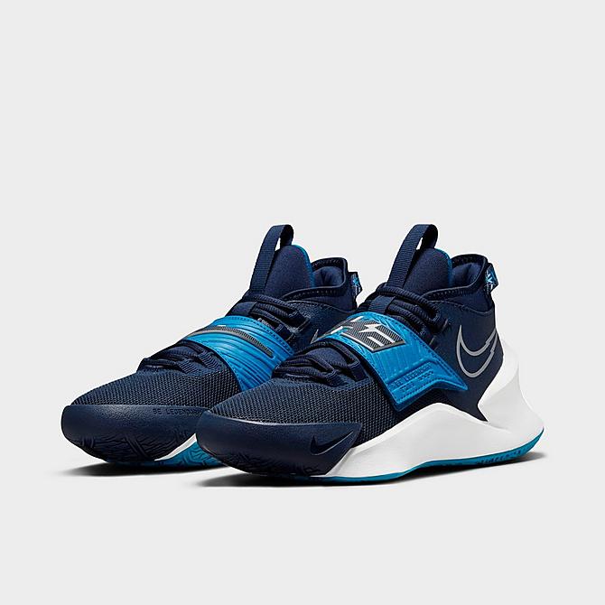 Three Quarter view of Big Kids' Nike Future Court 3 Basketball Shoes in Midnight Navy/Imperial Blue/White/Metallic Silver Click to zoom