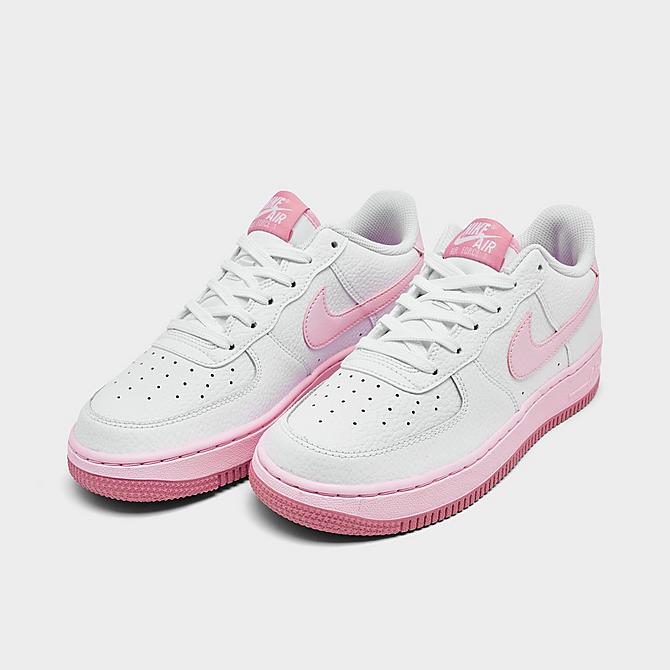 Three Quarter view of Girls' Big Kids' Nike Air Force 1 Low Casual Shoes in White/Elemental Pink/Medium Soft Pink/Pink Foam Click to zoom