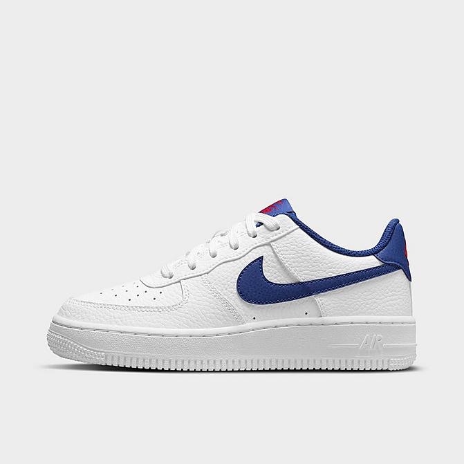 Right view of Big Kids' Nike Air Force 1 Low Casual Shoes in White/Deep Royal Blue-University Red Click to zoom
