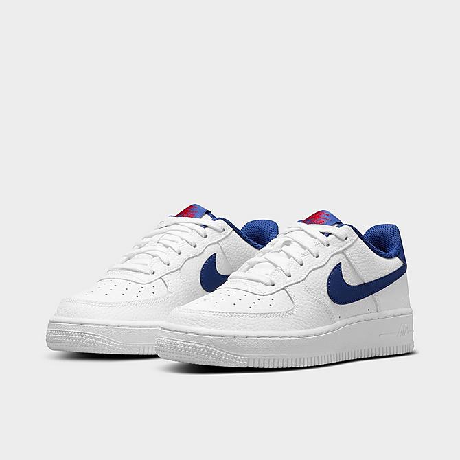 Three Quarter view of Big Kids' Nike Air Force 1 Low Casual Shoes in White/Deep Royal Blue-University Red Click to zoom
