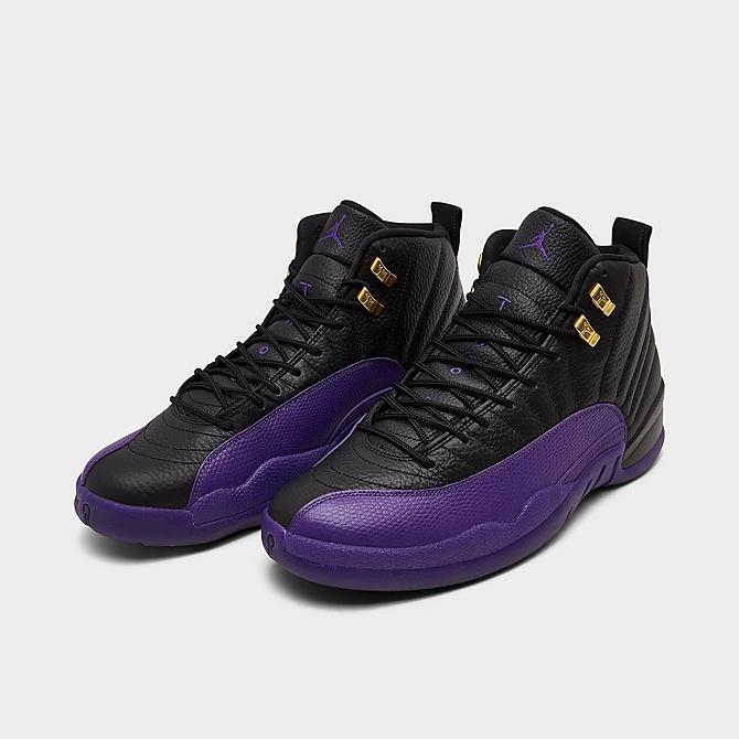Three Quarter view of Air Jordan Retro 12 Basketball Shoes in Black/Field Purple/Metallic Gold/Taxi Click to zoom