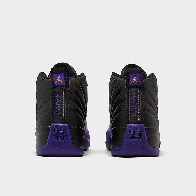 Left view of Air Jordan Retro 12 Basketball Shoes in Black/Field Purple/Metallic Gold/Taxi Click to zoom