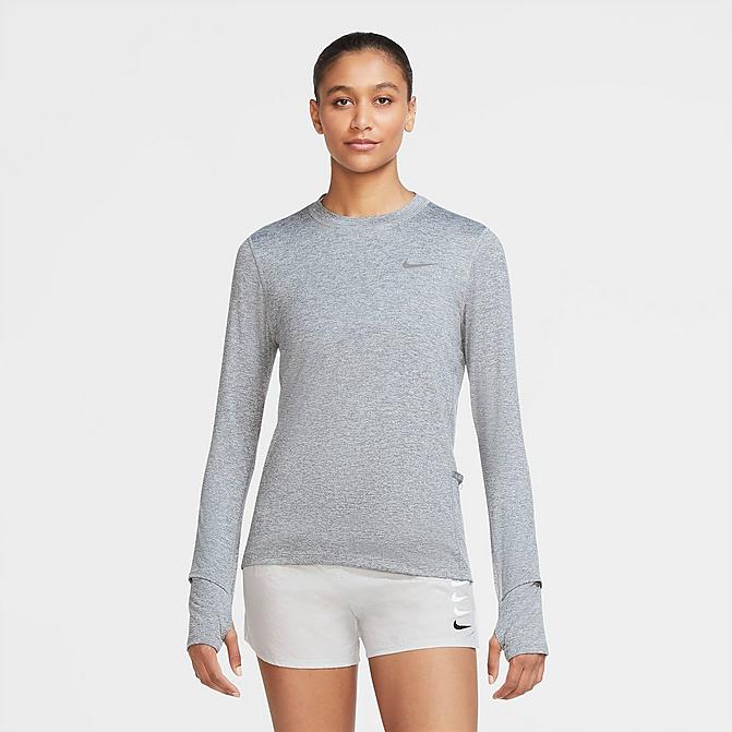 Front view of Women's Nike Dri-FIT Element Crewneck Long-Sleeve Training Top in Smoke Grey/Light Smoke Grey/Heather Click to zoom