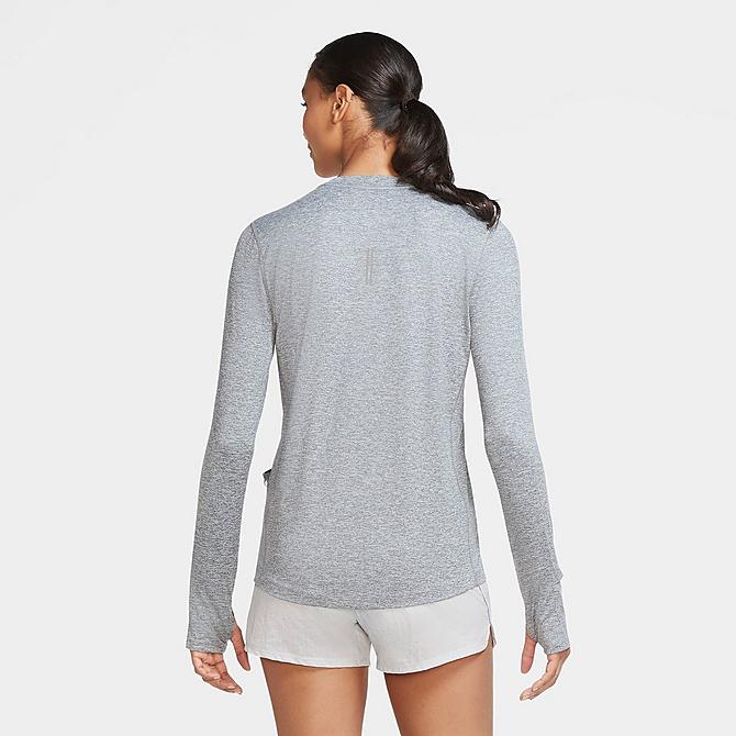 Front Three Quarter view of Women's Nike Dri-FIT Element Crewneck Long-Sleeve Training Top in Smoke Grey/Light Smoke Grey/Heather Click to zoom