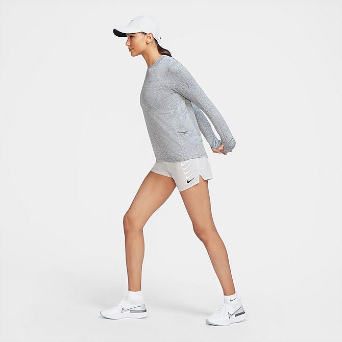 Back Left view of Women's Nike Dri-FIT Element Crewneck Long-Sleeve Training Top in Smoke Grey/Light Smoke Grey/Heather Click to zoom