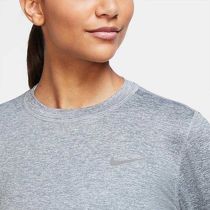 Back Right view of Women's Nike Dri-FIT Element Crewneck Long-Sleeve Training Top in Smoke Grey/Light Smoke Grey/Heather Click to zoom