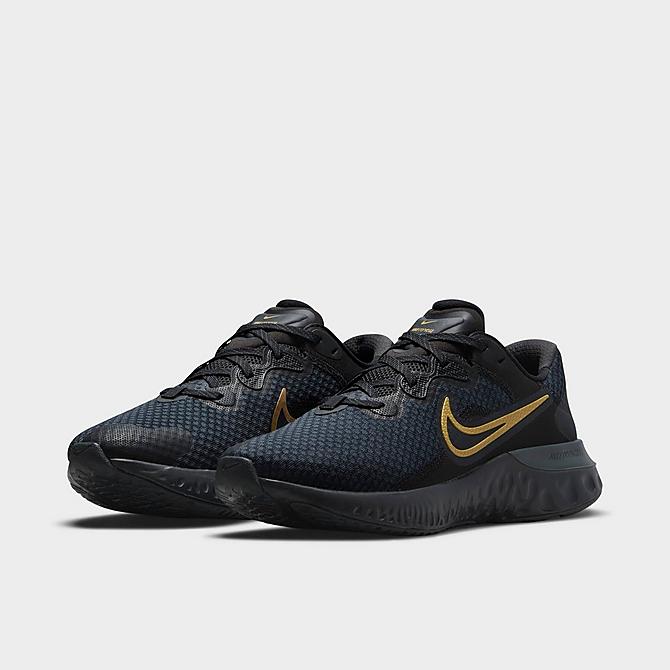 Three Quarter view of Men's Nike Renew Run 2 Running Shoes in Black/Dark Smoke Grey/Metallic Gold Click to zoom