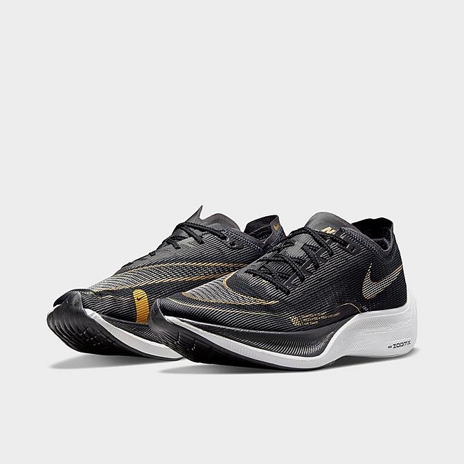 Three Quarter view of Men's Nike ZoomX Vaporfly Next% 2 Running Shoes in Black/White/Metallic Gold Coin Click to zoom