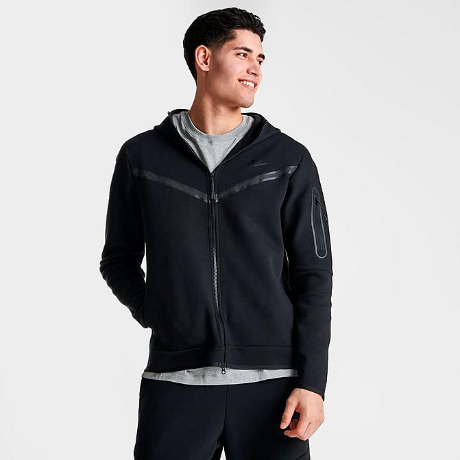 Front view of Men's Nike Sportswear Tech Fleece Taped Full-Zip Hoodie in Black Click to zoom