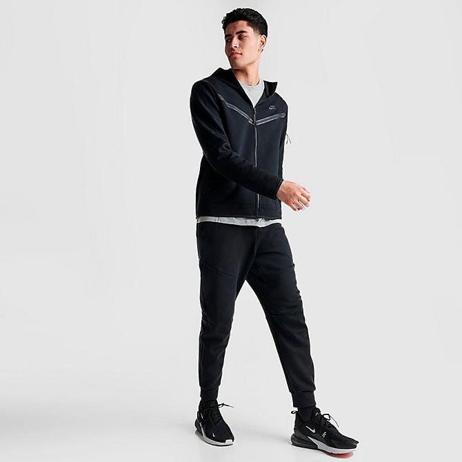 Front Three Quarter view of Men's Nike Sportswear Tech Fleece Taped Full-Zip Hoodie in Black Click to zoom