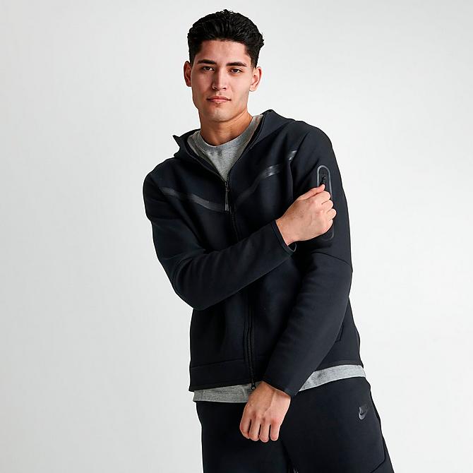 Back Left view of Men's Nike Sportswear Tech Fleece Taped Full-Zip Hoodie in Black Click to zoom
