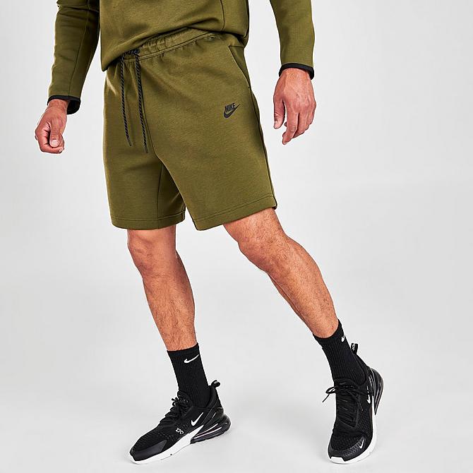 Front Three Quarter view of Men's Nike Sportswear Tech Fleece Shorts in Rough Green/Black Click to zoom