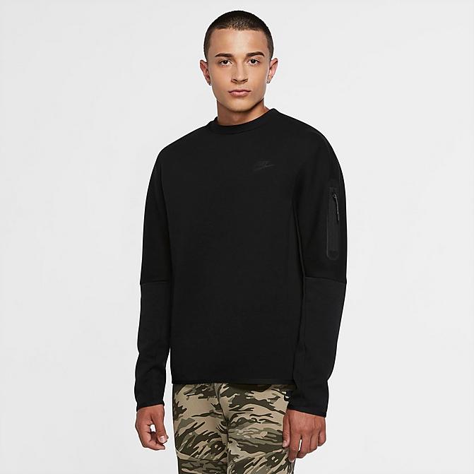 Front view of Men's Nike Sportswear Tech Fleece Crewneck Sweatshirt in Black/Black Click to zoom